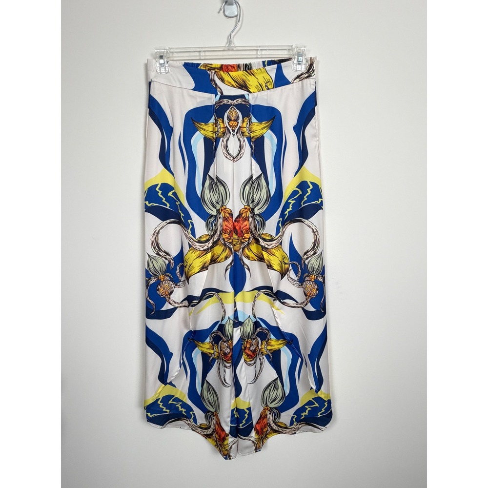 ADOR Hawaii Palm Silky Satin Floral Pants Womens Medium Royal Blue NWT